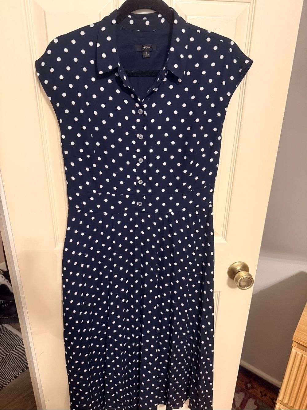 J. Crew Vintage 2010 Navy Polka Dot Button-Front Midi Dress sz 8 Pinup Pleated